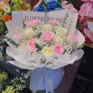 Pink Rose And White Combination Bouquet